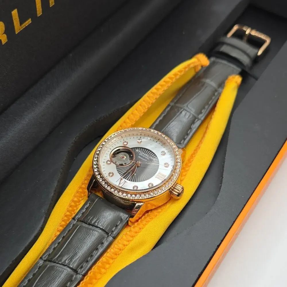 Stührling Original Women’s Automatic Analog Watch Rose Gold Gray Leather w/ Box